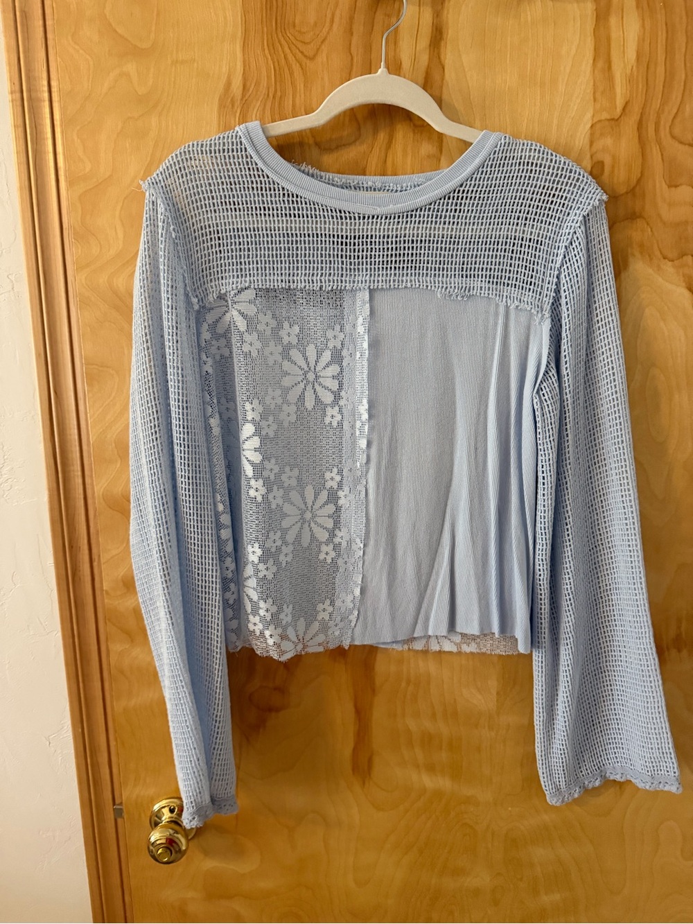 POL Light Blue Mixed-Media Long Sleeve Top
